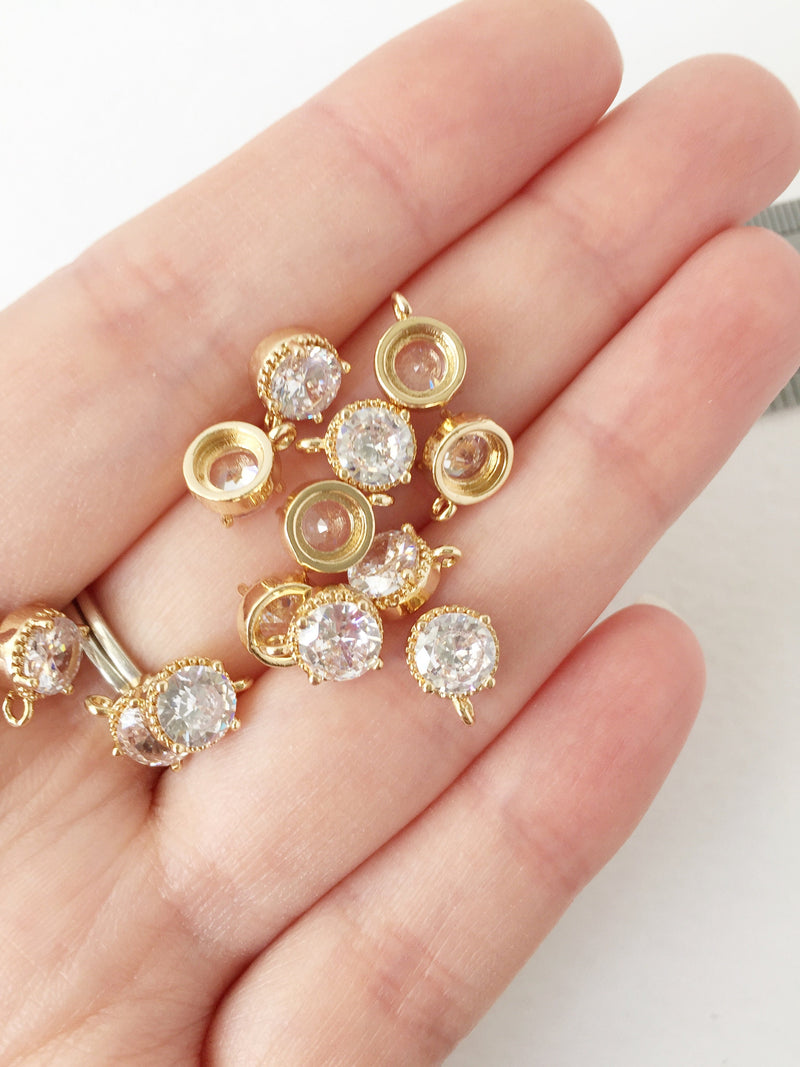 2 x 24K Gold Plated Round Cubic Zirconia Charms, 9x7mm (1478)