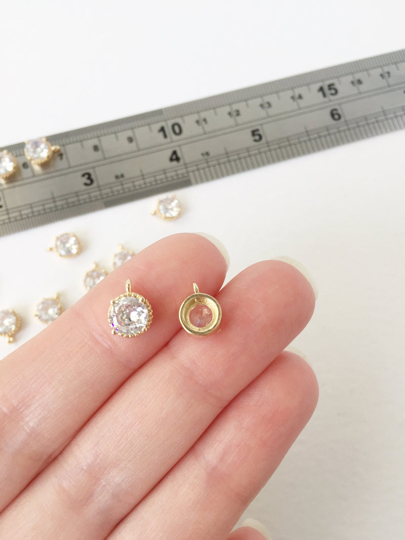 2 x 24K Gold Plated Round Cubic Zirconia Charms, 9x7mm (1478)