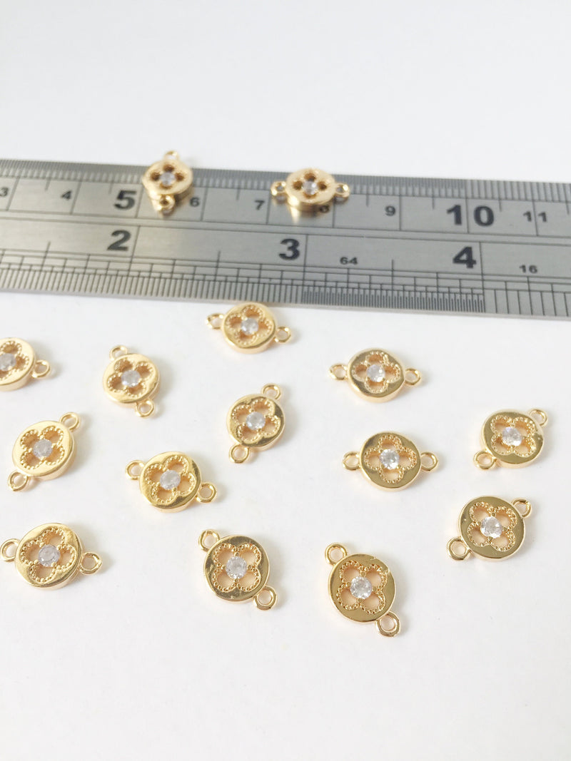 4 x 24K Gold Plated Openwork Clover Earring Connectors with Cubic Zirconia (1421)