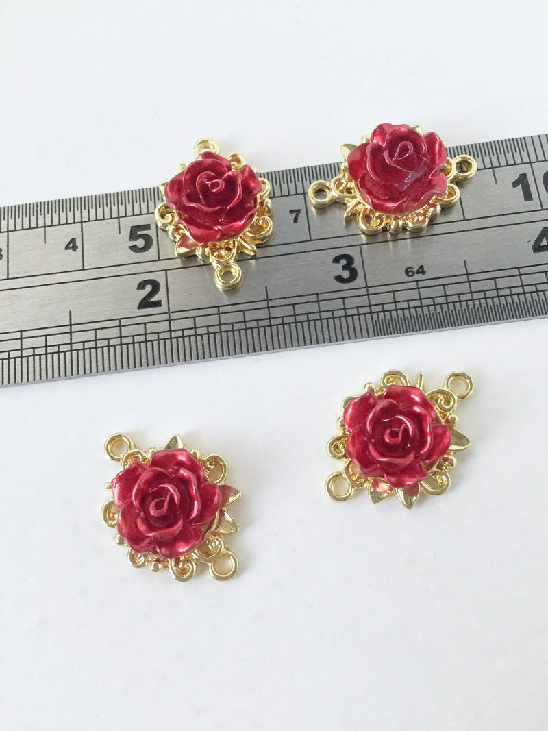 4 x Wine Red Rose Connectors Gold Base Flower Links, 16x22mm (0980C)