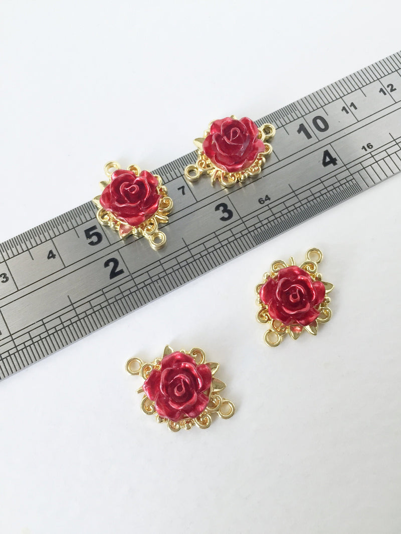 4 x Wine Red Rose Connectors Gold Base Flower Links, 16x22mm (0980C)