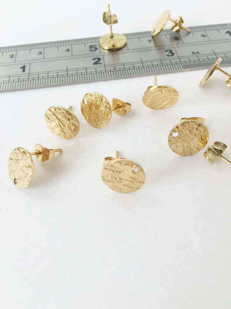 1 pair x Textured Gold Stainless Steel Earring Studs, 10mm (0489)