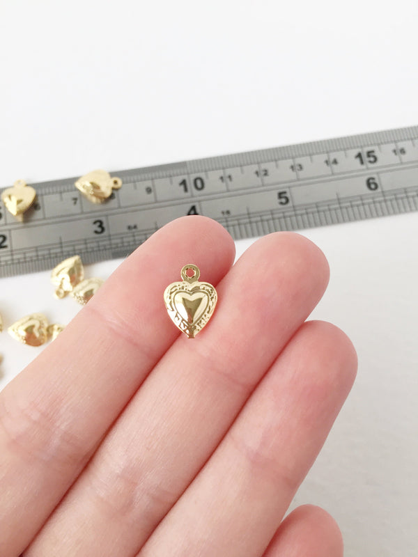 10 x Gold Plated Stainless Steel Puffy Heart Charms, 12.5x9mm (0487)