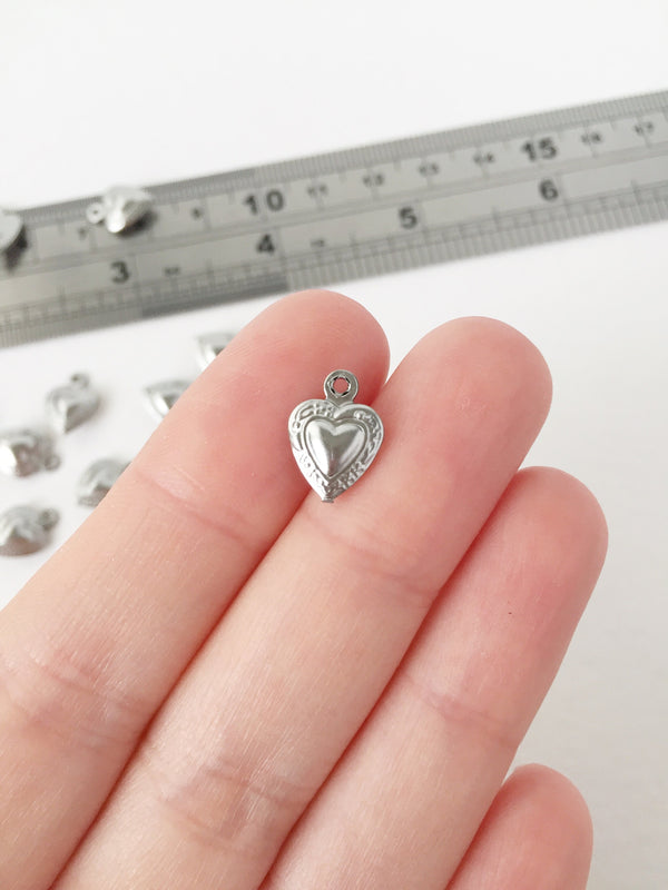 10 x Embossed Stainless Steel Puffy Heart Charms, 12.5x9mm (0488)