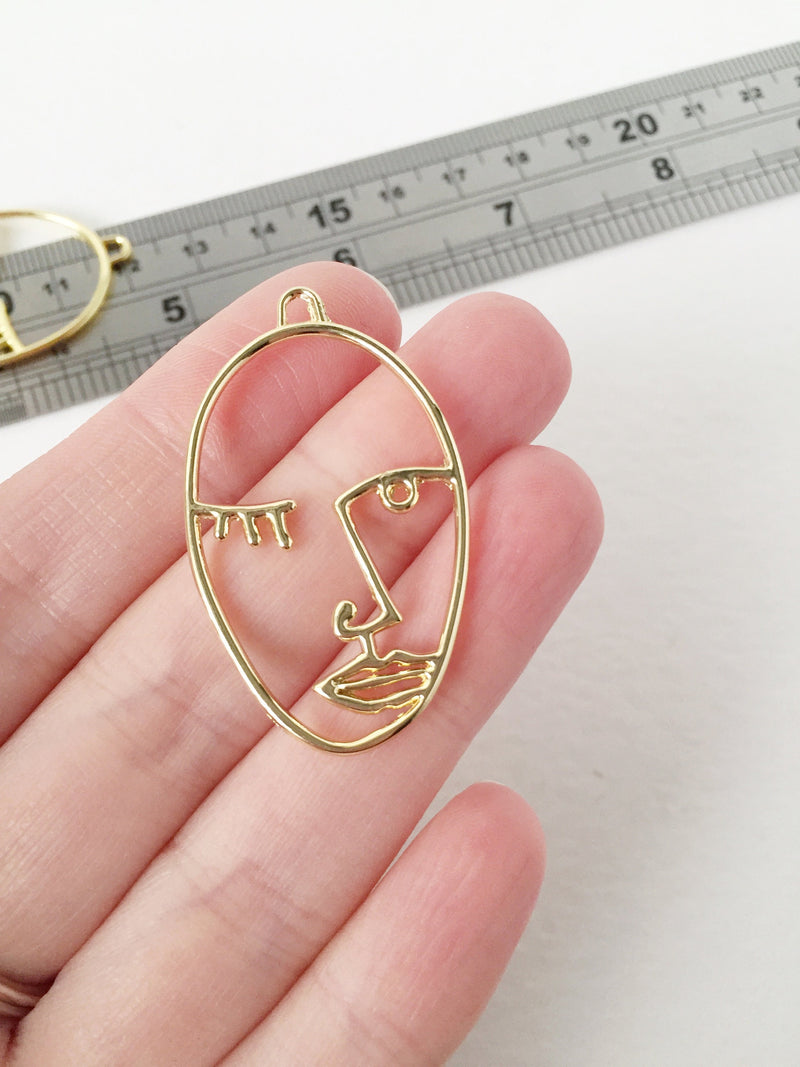 2 x Large Gold Face Silhouette Pendants, 25x41mm Open Bezel Pendants (1500)