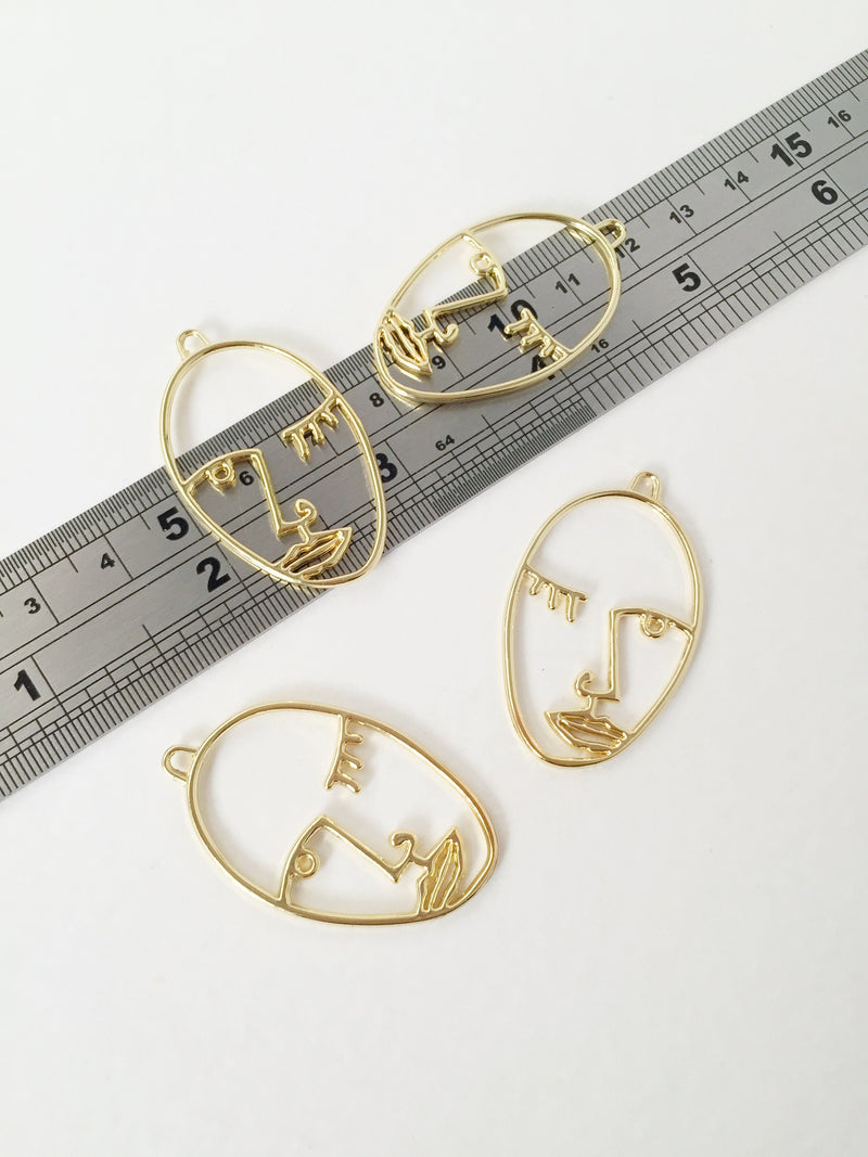 2 x Large Gold Face Silhouette Pendants, 25x41mm Open Bezel Pendants (1500)