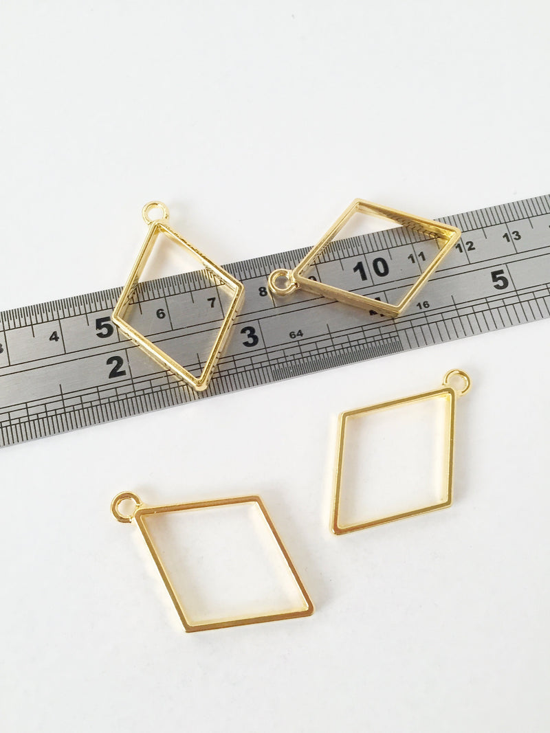 2 x Gold Rhombus Open Back Bezel Pendants, 26x39mm (1494)