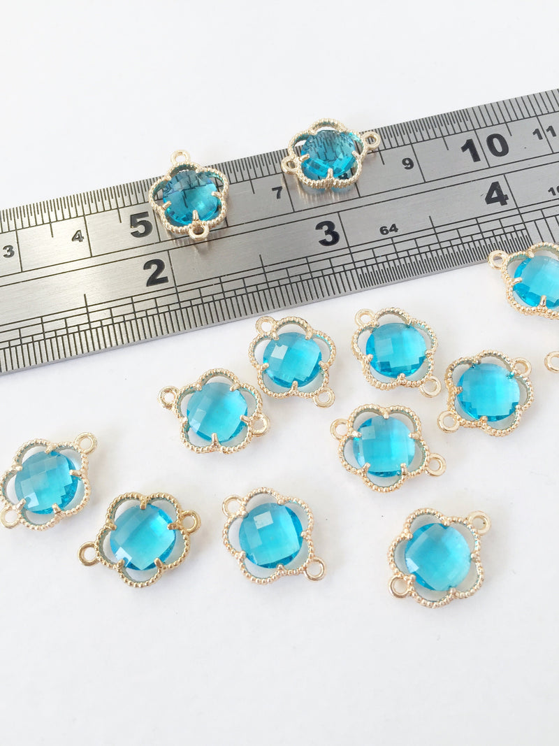 2 x Gold Plated Light Turquoise Faceted Glass Flower Connectors, 16x12mm (1058)