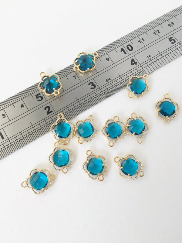 2 x Gold Plated Faceted Indicolite Glass Flower Connectors, 16x12mm (1053)