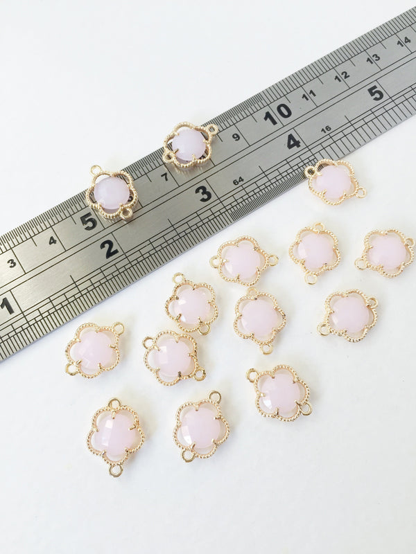 2 x Gold Plated Faceted Opaque Pink Glass Flower Connectors, 16x12mm (1051)