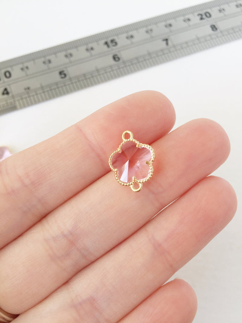 2 x Gold Plated Faceted Pink Glass Flower Connectors, 16x12mm (1052)