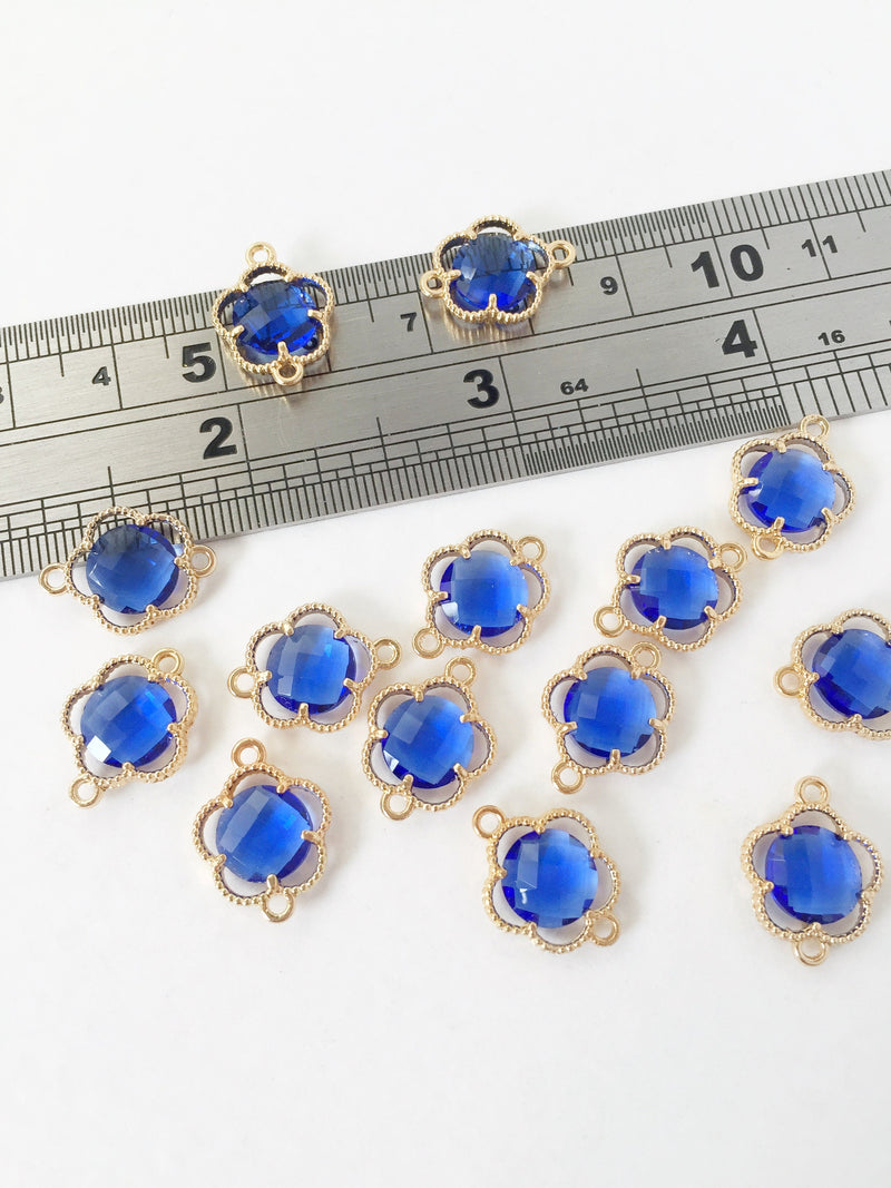 2 x Gold Plated Royal Blue Faceted Glass Flower Connectors, 16x12mm (1054)