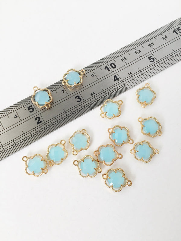 2 x Gold Plated Ice Blue Opaque Glass Flower Connectors, 16x12mm (1055)