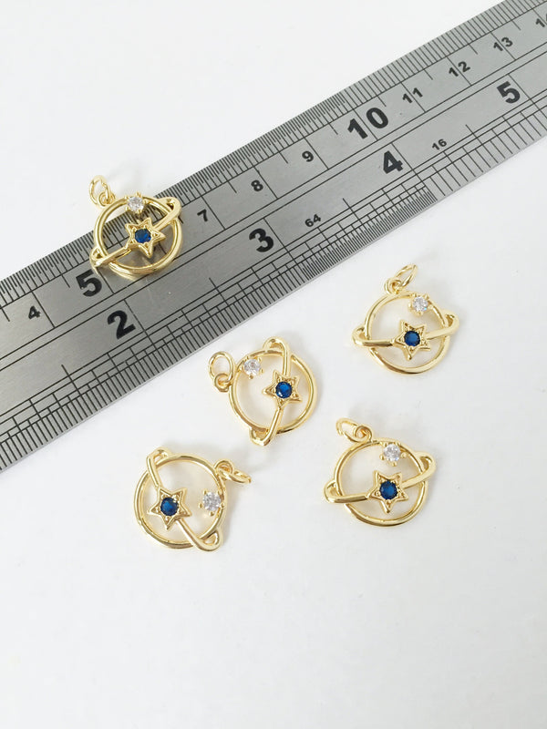 1 x 18K Gold Plated Saturn Planet Charm with Blue CZ, 15x17mm (1037)