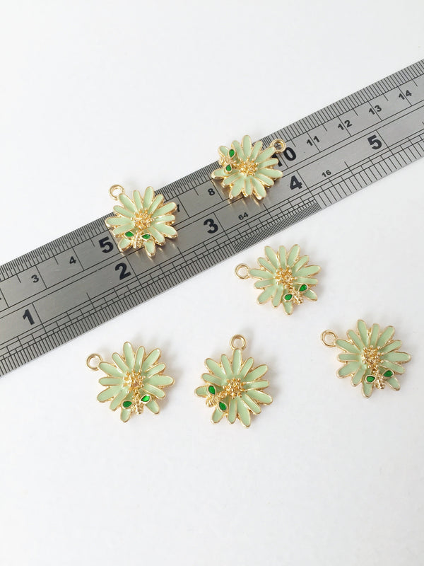 4 x Light Green Flower Pendants Enamel Coated Daisy and Bee Charms Gold Enamel Flower Charms (0775G)