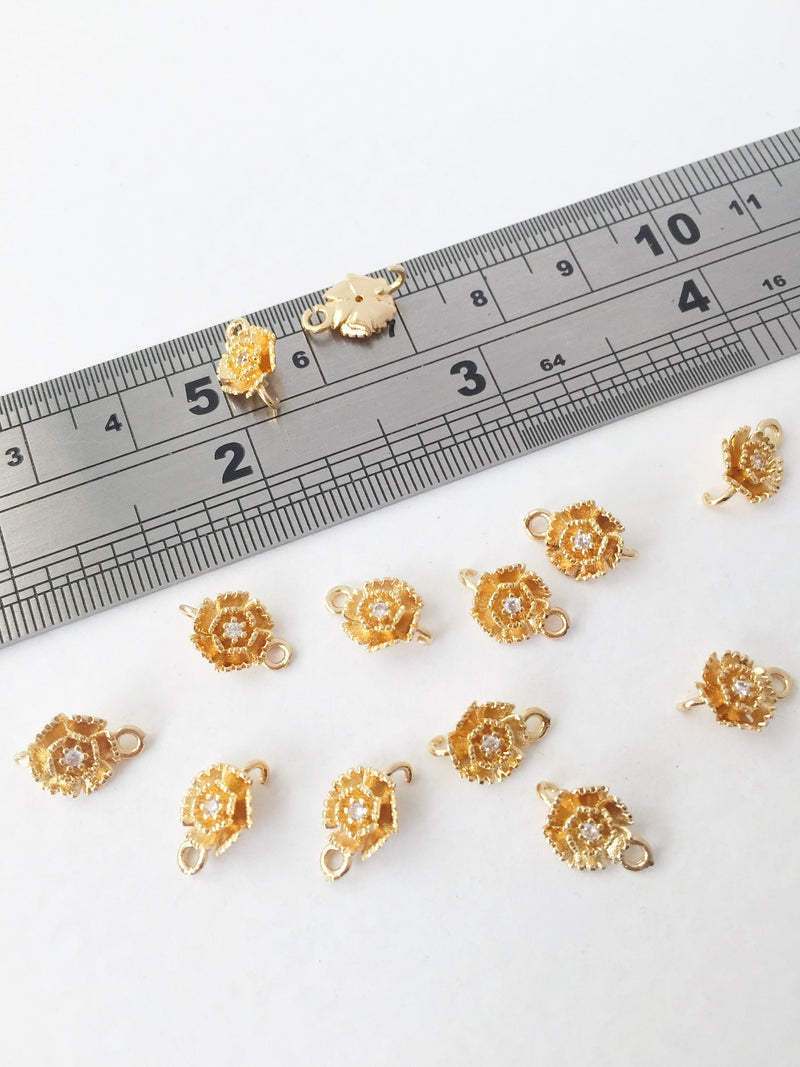 2 x 18K Gold Plated Dainty Carnation Flower Connectors with Cubic Zirconia, 11.5x8mm (1125)