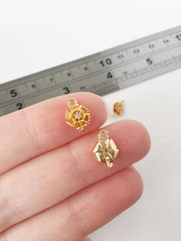 2 x 18K Gold Plated Dainty Carnation Flower Connectors with Cubic Zirconia, 11.5x8mm (1125)