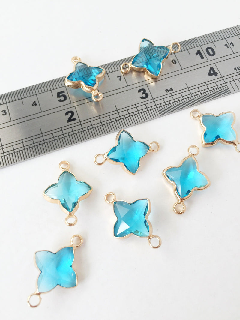 2 x 24K Gold Plated Quatrefoil Sky Blue Glass Jewellery Connector, 21.5x15mm (1124)