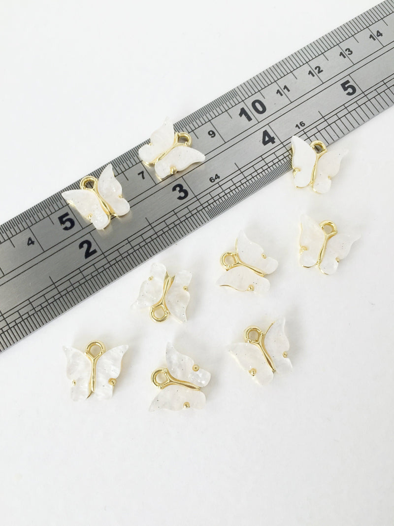 4 x Gold Plated Pearl White Resin Butterfly Charms, 12.5x13mm (1454)