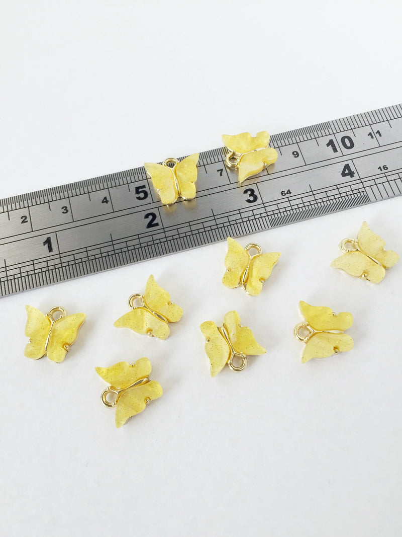 4 x Gold Plated Lemon Yellow Resin Butterfly Charms, 12.5x13mm (1453)