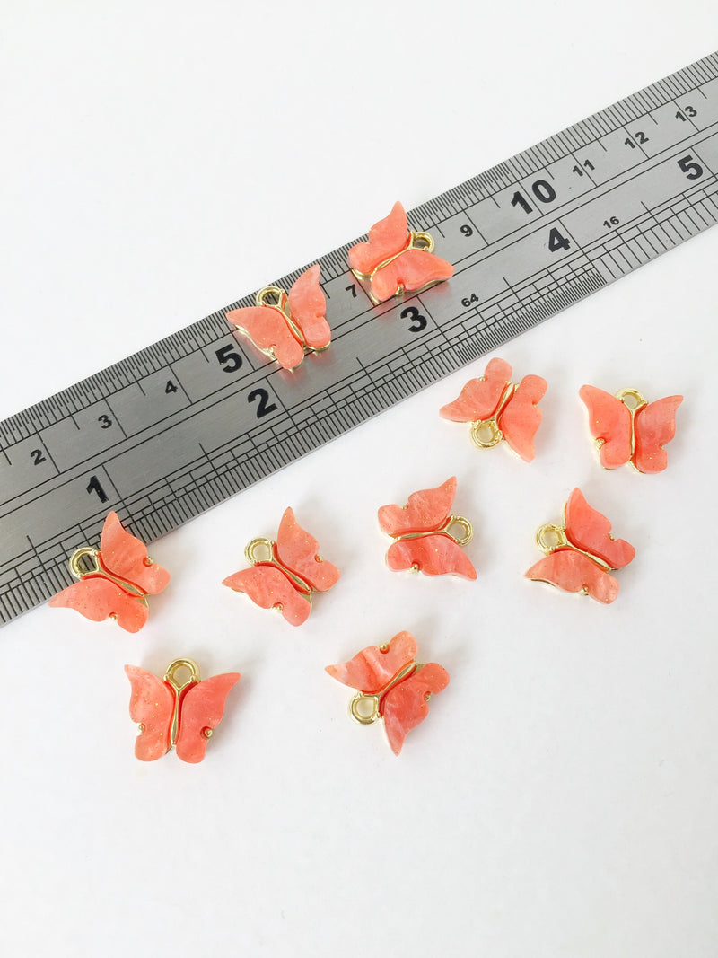 4 x Gold Plated Blood Orange Resin Butterfly Charms, 12.5x13mm (1451)