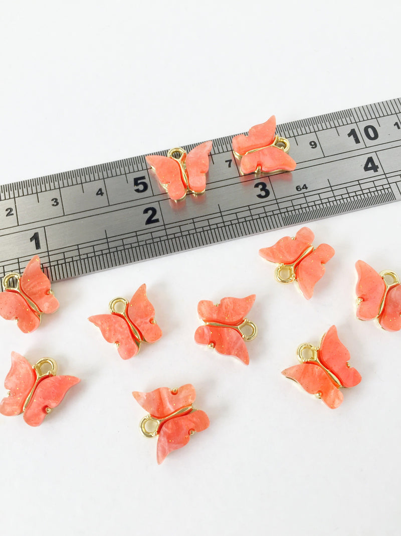 4 x Gold Plated Blood Orange Resin Butterfly Charms, 12.5x13mm (1451)