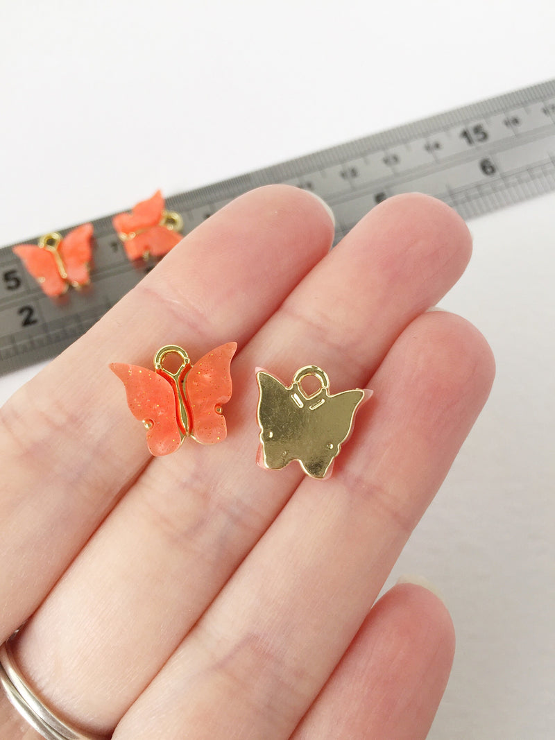 4 x Gold Plated Blood Orange Resin Butterfly Charms, 12.5x13mm (1451)