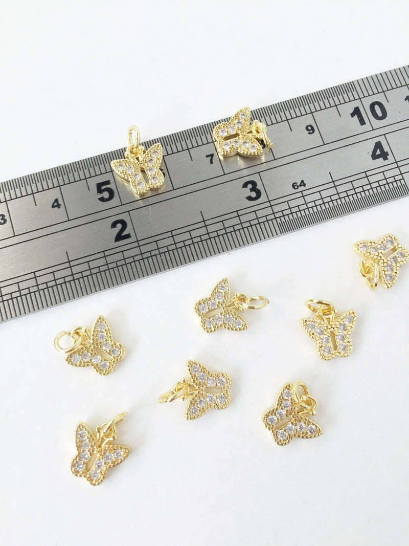 1 x 18K Gold Plated Brass Butterfly Charm with Cubic Zirconia, 10x10mm (1446G)