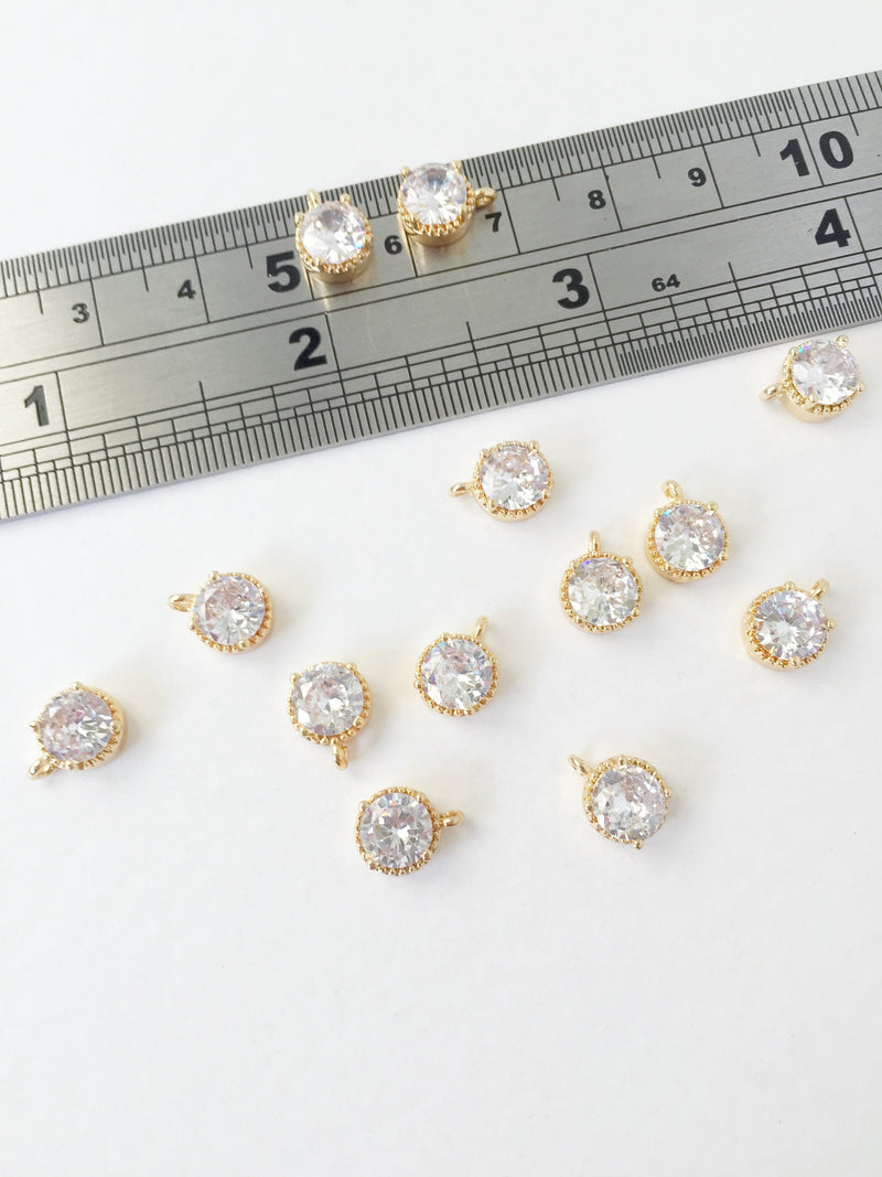 2 x 24K Gold Plated Round Cubic Zirconia Charms, 9x7mm (1478)