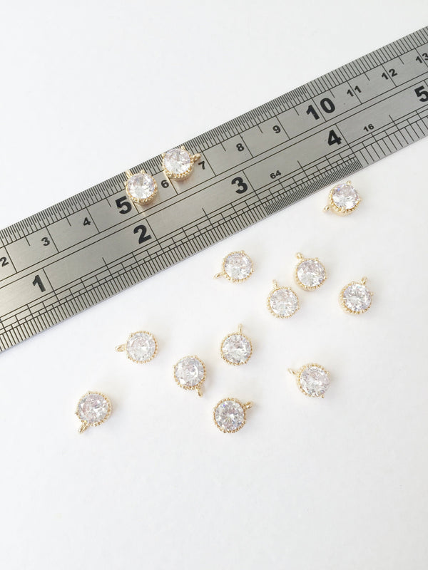 2 x 24K Gold Plated Round Cubic Zirconia Charms, 9x7mm (1478)