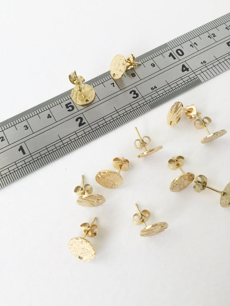 1 pair x Textured Gold Stainless Steel Earring Studs, 10mm (0489)