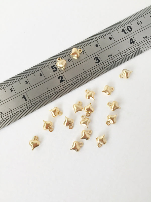 10 x Tiny Light Gold Plated Stainless Steel Puffy Heart Charms, 9x6.5mm (0482)