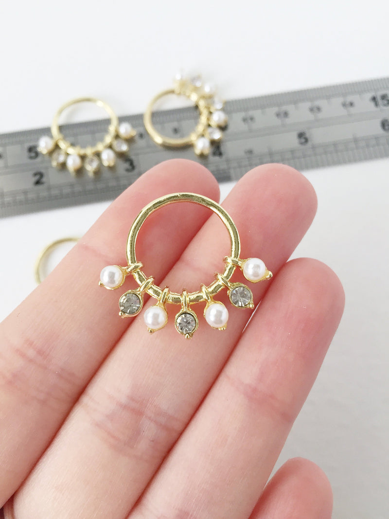 2 x Gold Plated Pearl and Crystal Hoop Pendants, 24x28mm (0490)