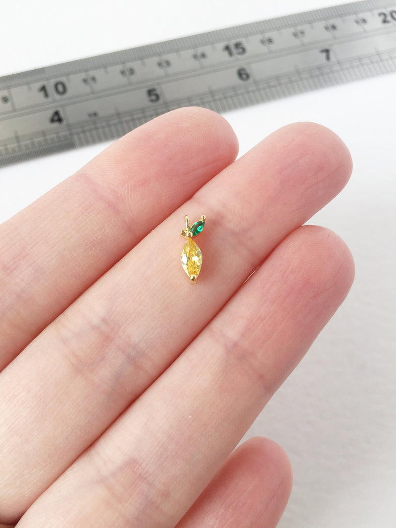 1 x 18K Gold Plated Lemon Charm with Cubic Zirconia, 10x4.5mm (1513)