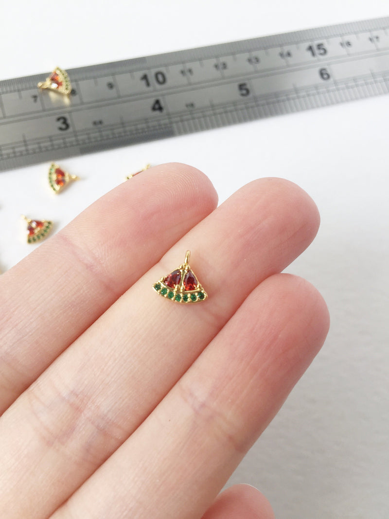 1 x 18K Gold Plated Dainty Watermelon Charm with Cubic Zirconia, 8x8.5mm (1518)