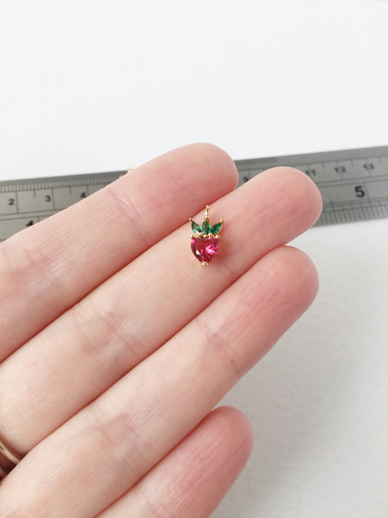 1 x 18K Gold Plated Tiny Strawberry Charm with Cubic Zirconia, 12x6.5mm (1521)