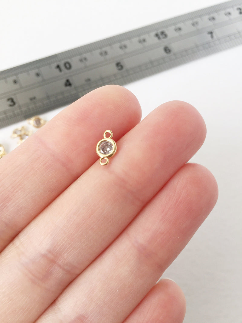 2 x 24K Gold Plated Round Cubic Zirconia Connectors, 9x5mm (1429)