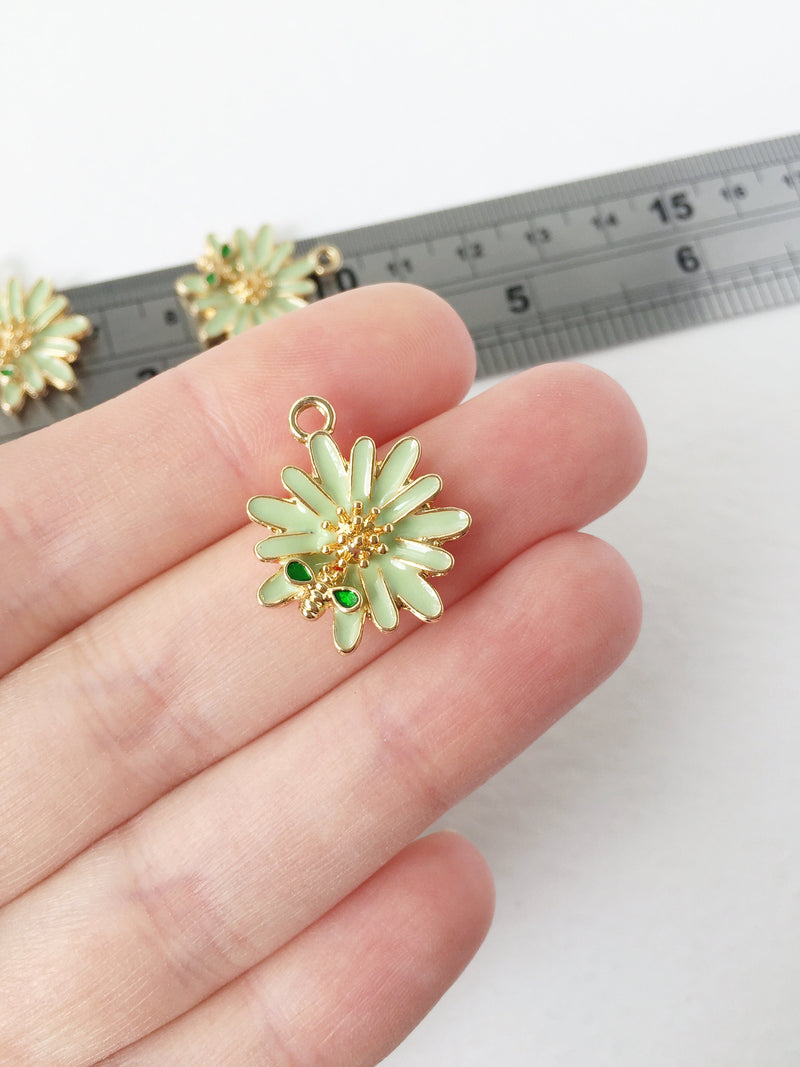 4 x Light Green Flower Pendants Enamel Coated Daisy and Bee Charms Gold Enamel Flower Charms (0775G)