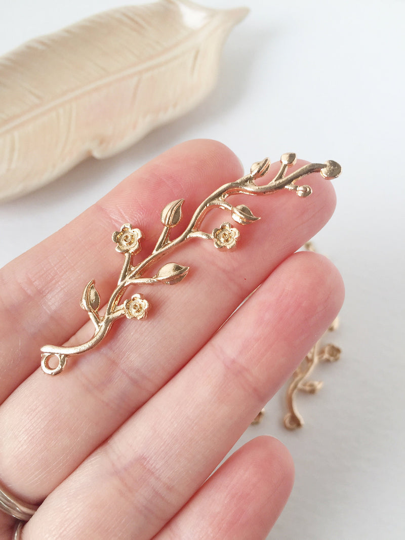 4 x Champagne Gold Leaf and Flower Branch Pendants, 59x16mm