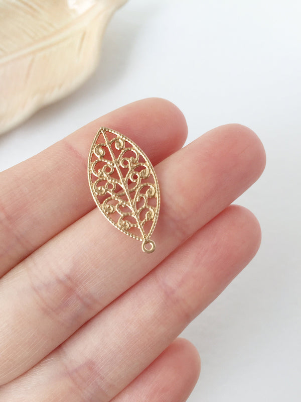 10 x Champagne Gold Filigree Leaf Charms, 27x13mm