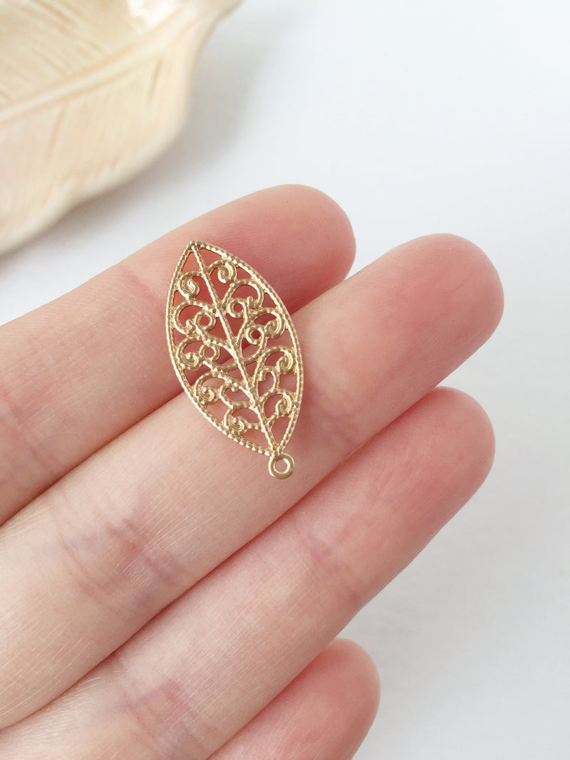 10 x Champagne Gold Filigree Leaf Charms, 27x13mm