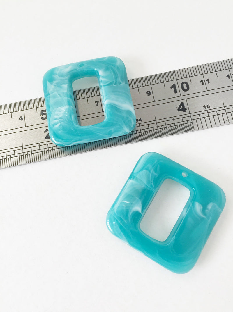 2 x Puffy Square Ocean Blue Acrylic Pendants, 32mm (1538)