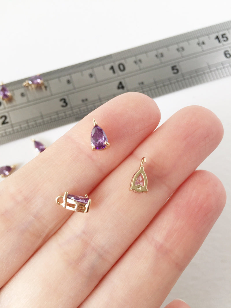 2 x Tiny Gold Plated Purple CZ Teardrop Charms, 8x4mm (1584)