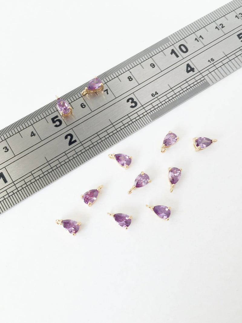 2 x Tiny Gold Plated Purple CZ Teardrop Charms, 8x4mm (1584)