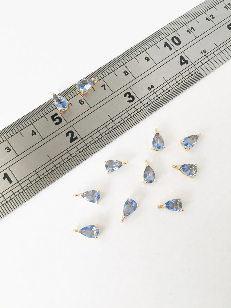 2 x Tiny Gold Plated Blue Cubic Zirconia Teardrop Charms, 8x4mm(1586)