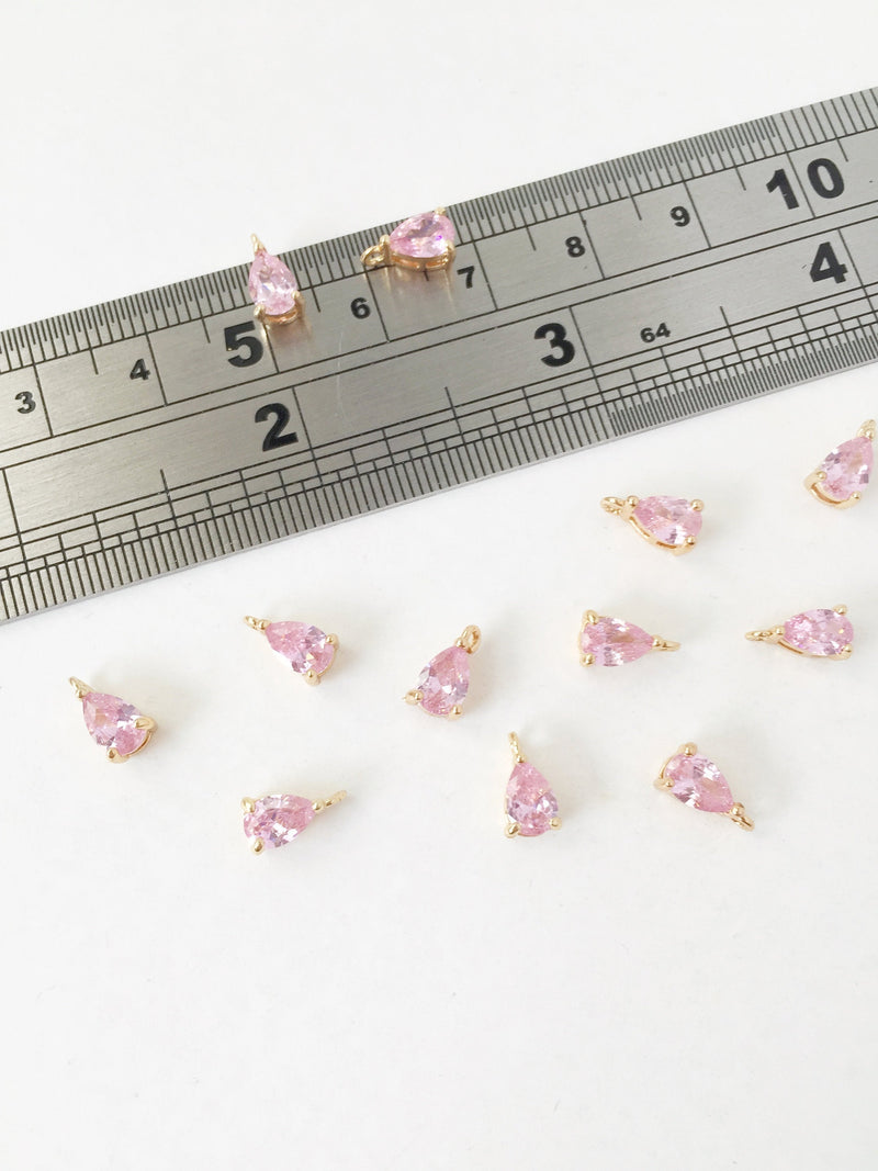 2 x Tiny Gold Plated Pink Cubic Zirconia Teardrop Charms, 8x4mm (1585)