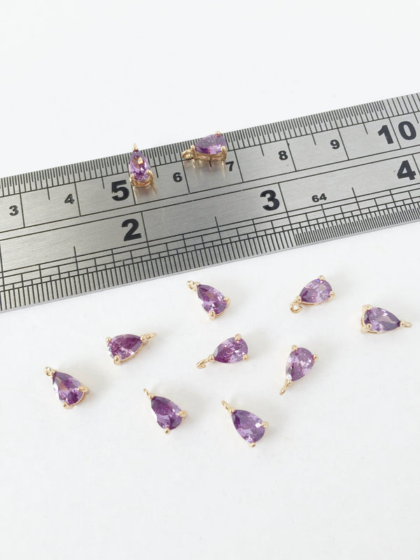 2 x Tiny Gold Plated Purple CZ Teardrop Charms, 8x4mm (1584)