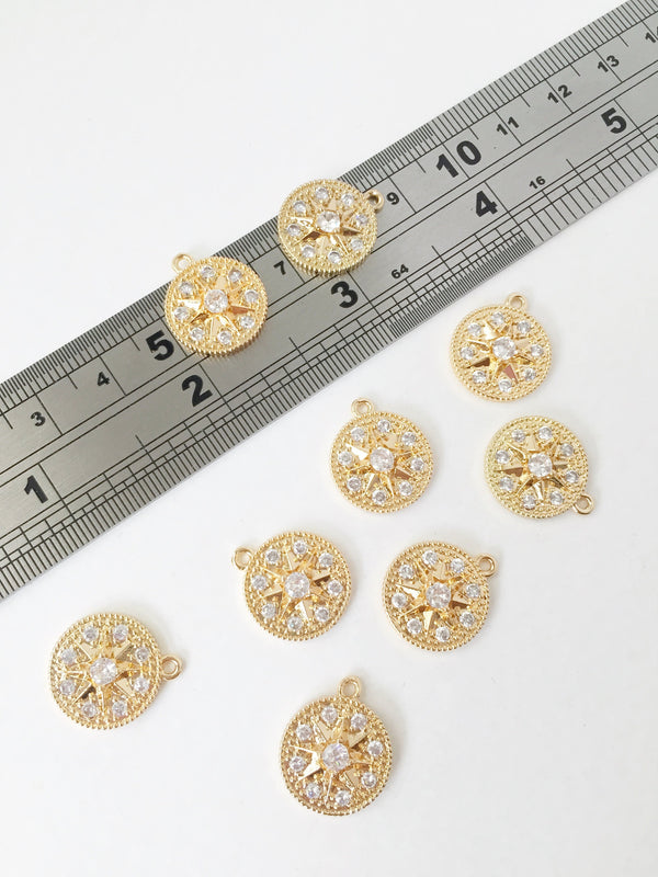 1 x 14K Gold Plated Round Northern Star Charms with Cubic Zirconia, 17x15mm (1587)