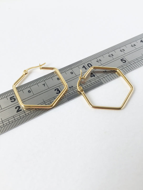 1 pair x Gold Plated Stainless Steel Hexagon Earring Hoops, 30x35mm (0945B)