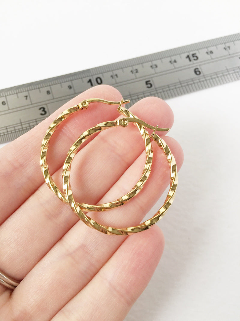 1 pair x Gold Plated Stainless Steel Twisted Earring Hoops, 35mm (1504)